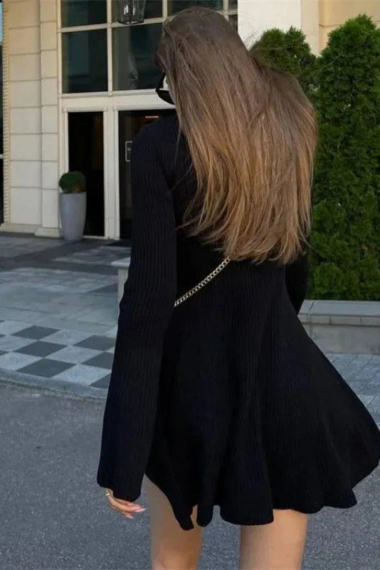 A-Line Mini Dress with Long Sleeves and High Waist