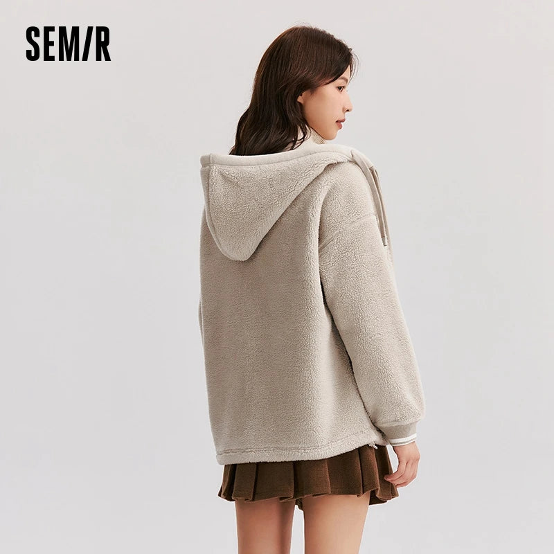 Coat Women Imitation Lamb Wool Polar Fleece Double-Sided Wear Loose  New Winter Contrast Color Simple Hooded Jacket