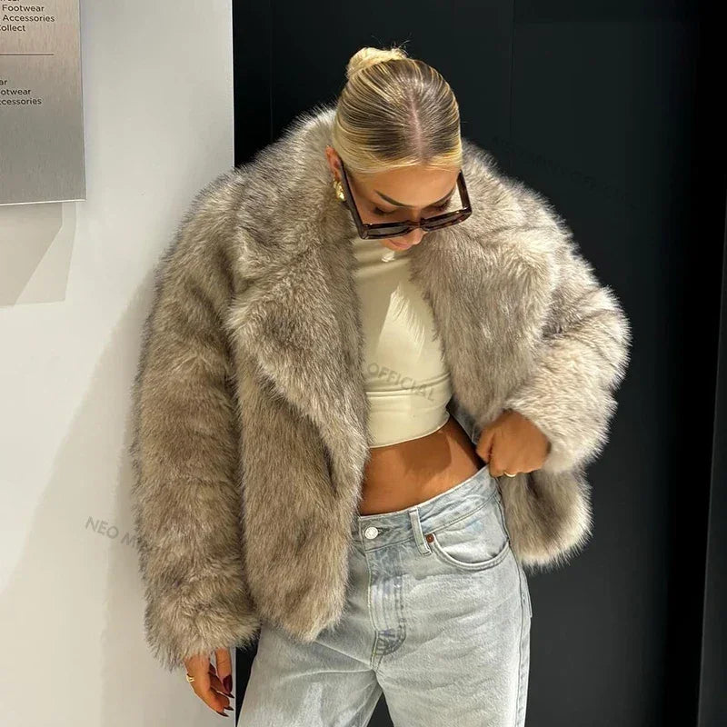Chic Street Girls Gradient Faux Fur Jacket Women Winter  Brand Fashion Fluffy Fox Fur Coat Female Luxury Outerwear
