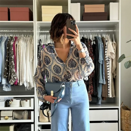Spring New Women’s Fashion temperament casual loose and versatile V-neck metal line printed shirt top