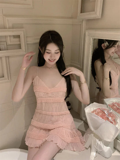 Voguable Backless V-neck Y2K Draped Suspender Dresses Beach Style Hotsweet Slim Fit Chiffon Party Club Dress