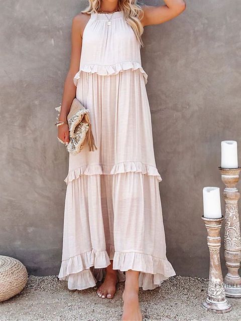 Summer Vacation Style Halter Neck Long Dresses Women Fashion Backless Leace-up Loose Ruffles Beach Dress Elegant Ladies Vestidos