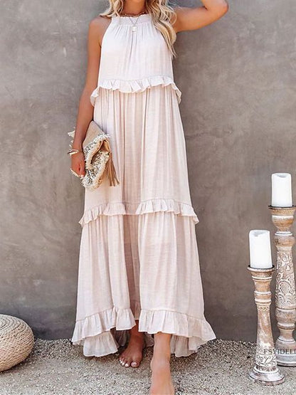 Summer Vacation Style Halter Neck Long Dresses Women Fashion Backless Leace-up Loose Ruffles Beach Dress Elegant Ladies Vestidos
