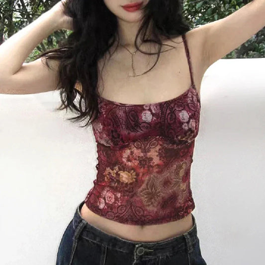 Voguable  Fairycore Grunge Floral Print Crop Top Vintage 2000s Y2K Aesthetic Tank Tops Chic Korean Style Corset Boho Camis