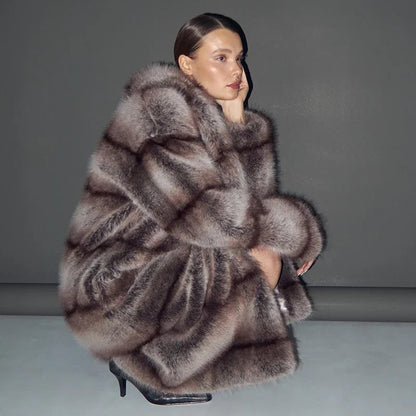 Luxury Brand Furry Faux Fox Fur Coat Women  Winter Super Warm Fluffy Fur Jacket Female High Street Long Overcoat