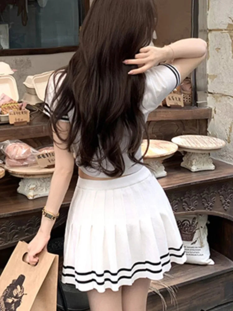 Korean Fashion Knitted Two-piece Set Women Short Sleeve Patchwork Cropped Top Pleated Mini Skirt Preppy Style Outfits New