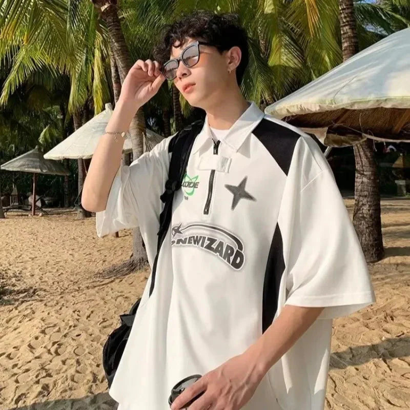 American Retro Short Sleeved Y2k Motorcycle Style Polo Collar Simple Versatile Loose Vintage Couple T-shirt Casual Top