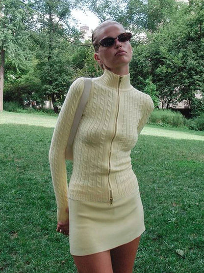 Casual Knitted Solid Zipper Sweater Woman Vintage Slim Fit Stand Collar Cardigan Sweaters Lady Autumn Versatile Street Knitwear