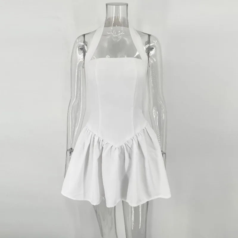 White Halter Dress For Women’s Elegant Sleeveless Bodycon Short Dresses A-Line Patchwork Beach Holiday Dresses Vestido