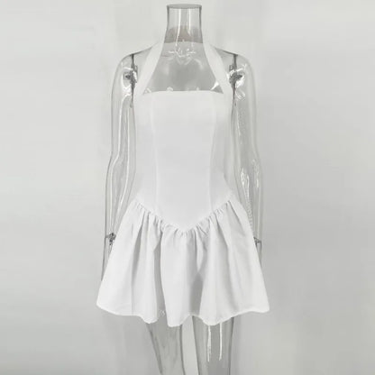 White Halter Dress For Women’s Elegant Sleeveless Bodycon Short Dresses A-Line Patchwork Beach Holiday Dresses Vestido