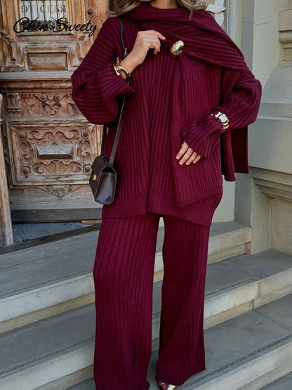 Lazy Loose Knit Burgundy Red Pant Set With Scarf Women Long Sleeve V-neck Jumper Wide Leg Full-length Pants Suit Lady Outfits