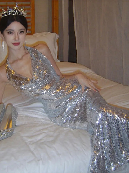 Sexy Bodycon Sequined Prom Robe V-neck Backless Sleeveless Evening Party Dress Wedding Slim Mermaid Long Dresses for Women New