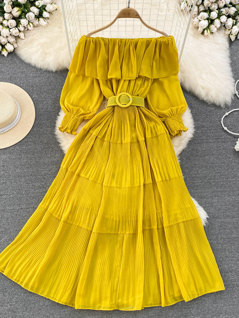 Women Vintage Off Shoulder Dress Chiffon Summer Sweet Lotus Leaf Edge Elegant Pleated Dresses Ladies Evening Party Long Dress