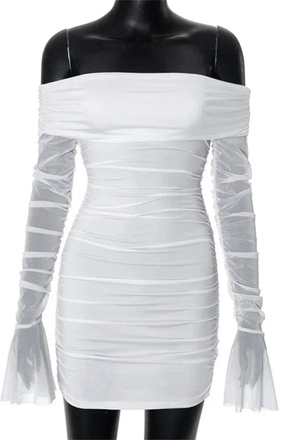 Off-Shoulder Pleated Mini Dress with See-Through Long Sleeves