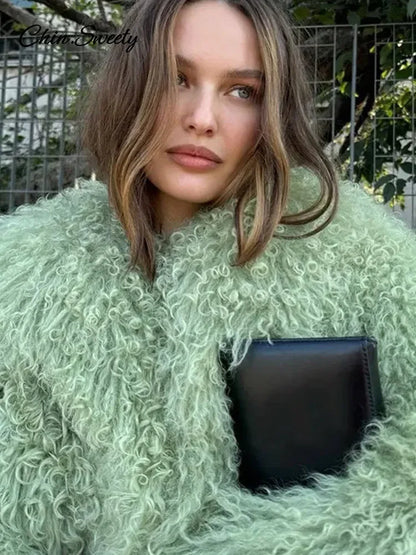 Luxury Fluffy Faux Fur Jacket Coat Women Oversize Long Sleeve Lapel Plush Overcoat  Winter Chic Lady Thicken Warm Outwear