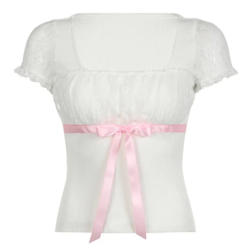 Voguable Coquette Contrast Bow Decorate Top Y2K Slim-fitting Puff Sleeve T-shirt Cute Japanese Lace Patchwork Tee