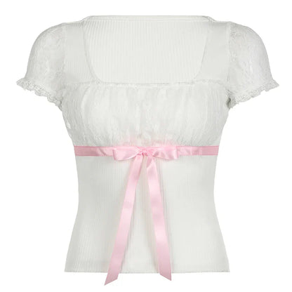 Voguable Coquette Contrast Bow Decorate Top Y2K Slim-fitting Puff Sleeve T-shirt Cute Japanese Lace Patchwork Tee