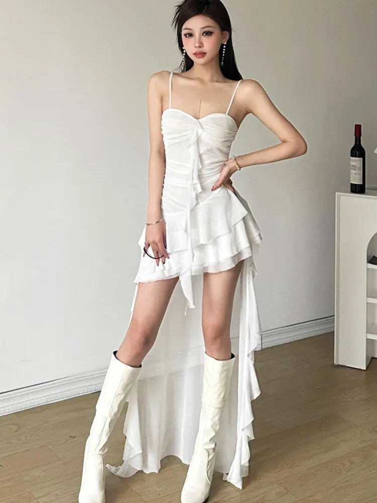 Y2K Irregular Ruffles Spaghetti Strap Summer New Midi Dresses for Women Birthday Party Dress Club Prom Robe Sexy Vestidos Mujer