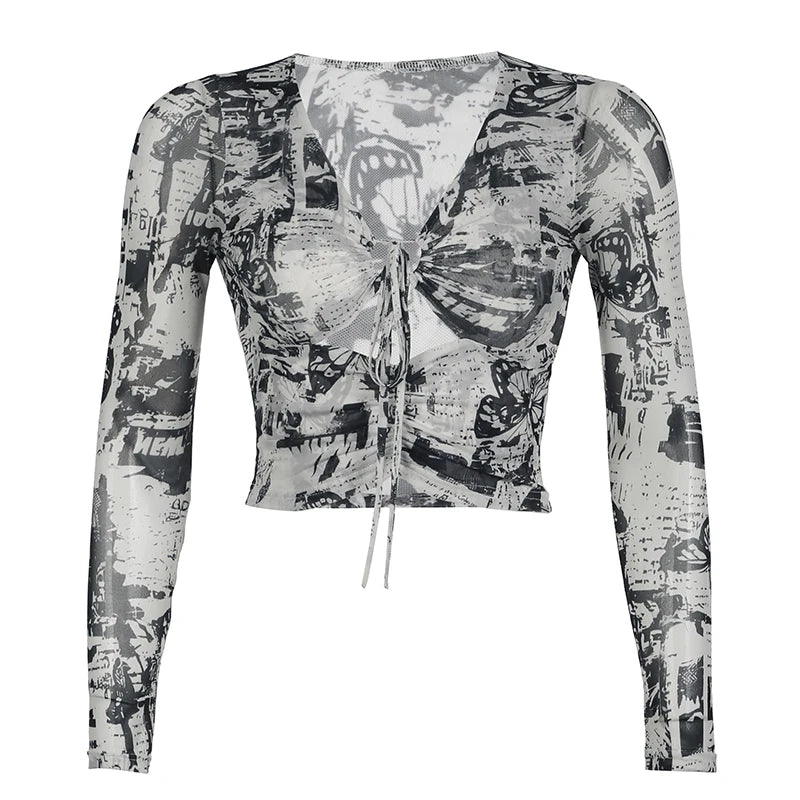 Grunge Mesh Butterfly Print Crop Top Fashion See Through Long Sleeve Hollow Out T-shirt Stylish Y2K Street Outfits