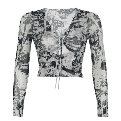 Grunge Mesh Butterfly Print Crop Top Fashion See Through Long Sleeve Hollow Out T-shirt Stylish Y2K Street Outfits