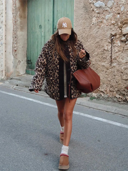 Women Fashion Jacket Winter Casual Ladies Commuter Leopard-print Lamb Wool Solid Jacket For Women's Outwears