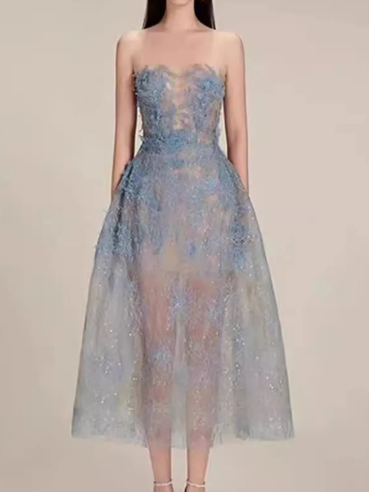 Korean Style 3D Flower Sequin Lace Strapless Dress Elegant Multi-color Mesh Long Dresses Women 2025 New Spring Summer A7877