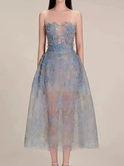 Korean Style 3D Flower Sequin Lace Strapless Dress Elegant Multi-color Mesh Long Dresses Women 2025 New Spring Summer A7877