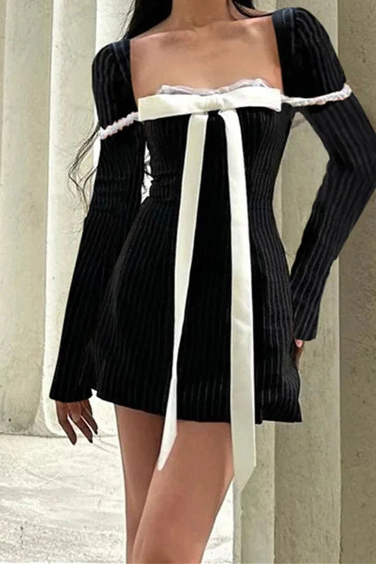 Stripe Print Square Neck Long Sleeve A-Line Mini Dress