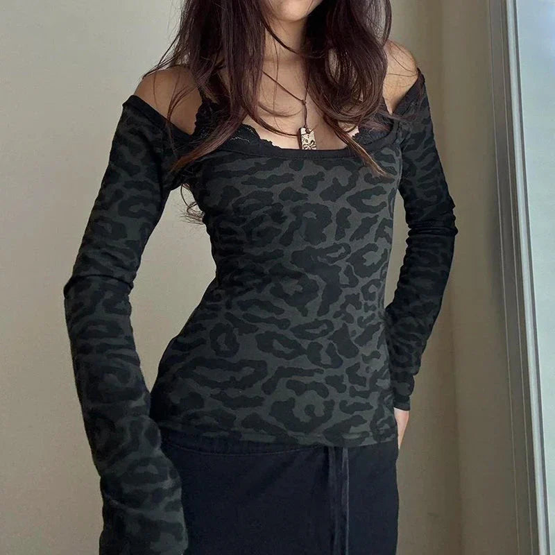 Leopard Print Black T Shirt Lace Patchwork Full Sleeve Tee y2k Chic Off-shoulder Cropped Top Vintage 2000s Clothing