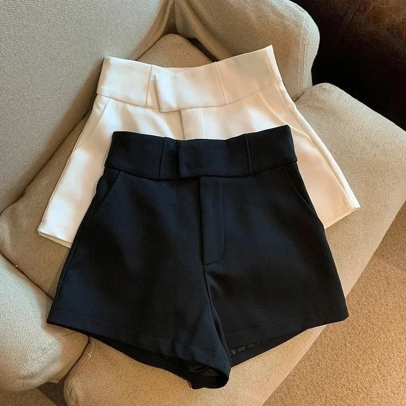 Elegant Suit Shorts Women Solid High Waist Wide Leg Shorts Office Lady Korean Fashion Black White Simple All Match Short Pants