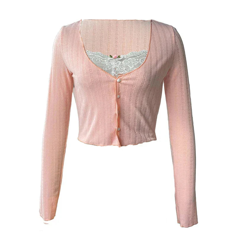 y2k Crop Top Sweet Aesthetic Clothes Lace Patchwork Long Sleeve T Shirt with Bow Decor 2000s Clothing Streetwear
