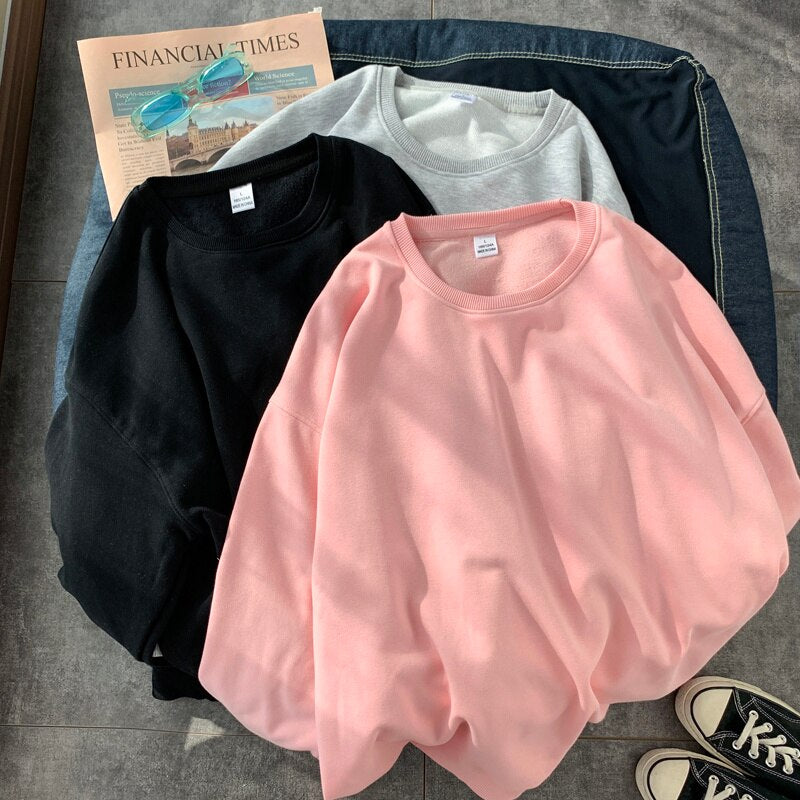 Solid Loose Round Neck Sweater Korean Y2k Full Sleeve Pullover Sweater Round Neck Casual Tops