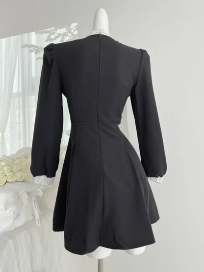 Elegant Evening Dresses for Women Patchwork O-neck Long Sleeves A-line Party Dress Korean Fashion French Retro Vestidos Mujer