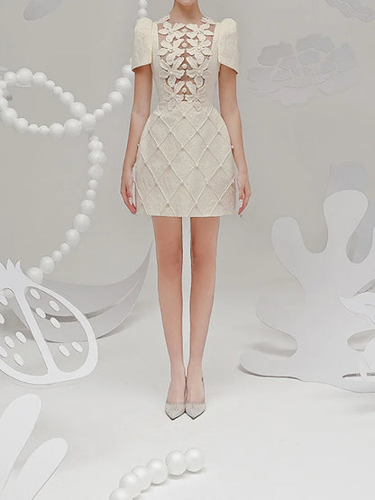 Elegant Short Dress European Style 3D Floral O Neck Hollow Nail Bead Fashion Tide Dresses For Women 2025 Spring Summer 1346