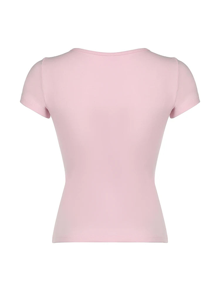 Japanese Kawaii Contrast Lace Tie Bow Square Collar Slim Short Sleeve Black T Shirt Women Pink Sweet Balletcore Cute Tees
