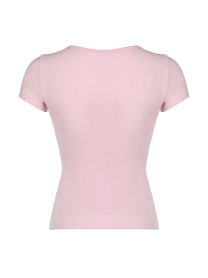 Japanese Kawaii Contrast Lace Tie Bow Square Collar Slim Short Sleeve Black T Shirt Women Pink Sweet Balletcore Cute Tees