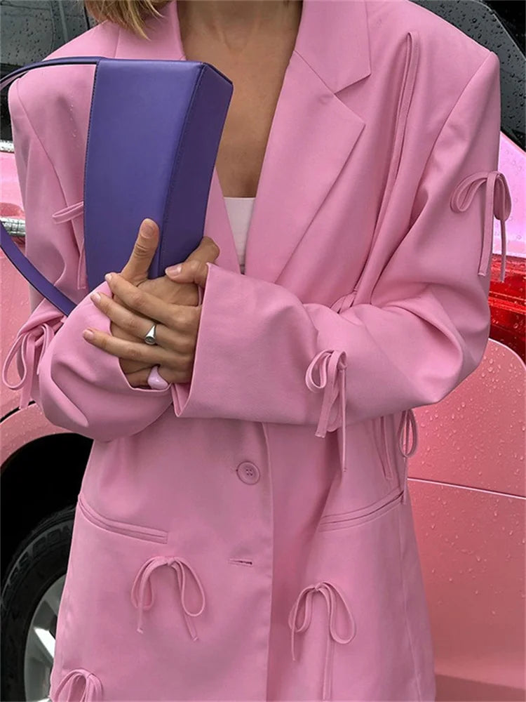 Fashion Luxury Suit Outwear For Women Lace-Up Patchwork Pocket Loose Long Sleeve Cardigan Streetwear Female Solid Coat New