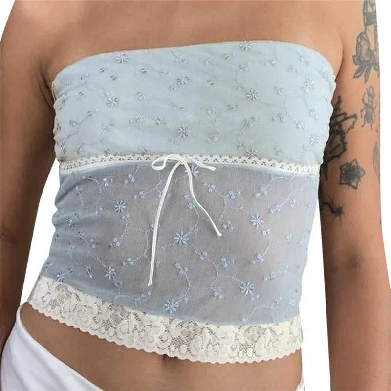 y2k Tube Top Aesthetic Clothes Floral Lace Patchwork Off Shoulder Strapless Sleeveless Tanks 2000s Streetwear