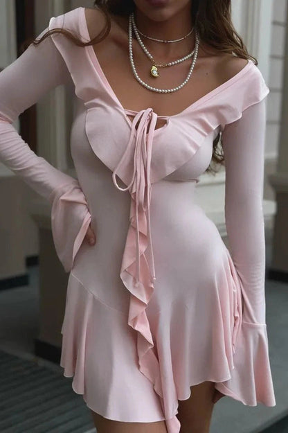 Elegant Lace Up Bodycon Mini Dress with Long Sleeves
