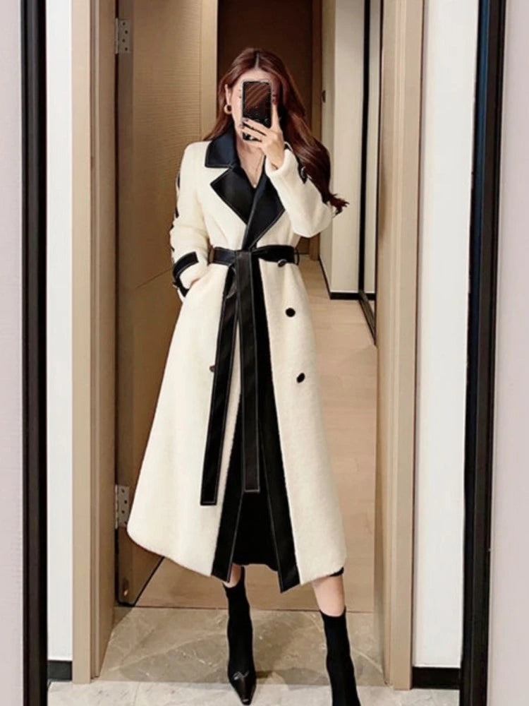 Autumn Winter Chic Woolen Coat Women Patchwork Long Jackets with Belt Lapel Korean Fashion Female Outerwear New Soft Overcoat