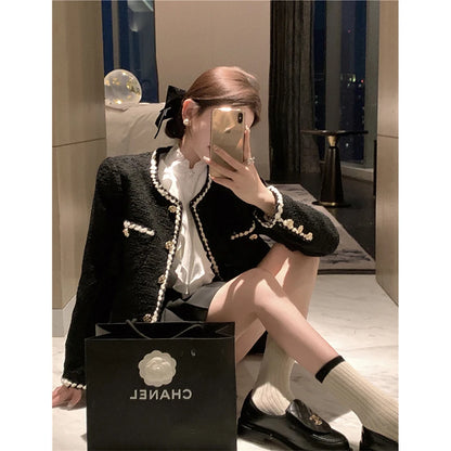 Vintage Tweed Jackets Women Elegant Black Cropped Suit Coat Korean Thicken Blazer Single Breasted Short Outerwear Tops New