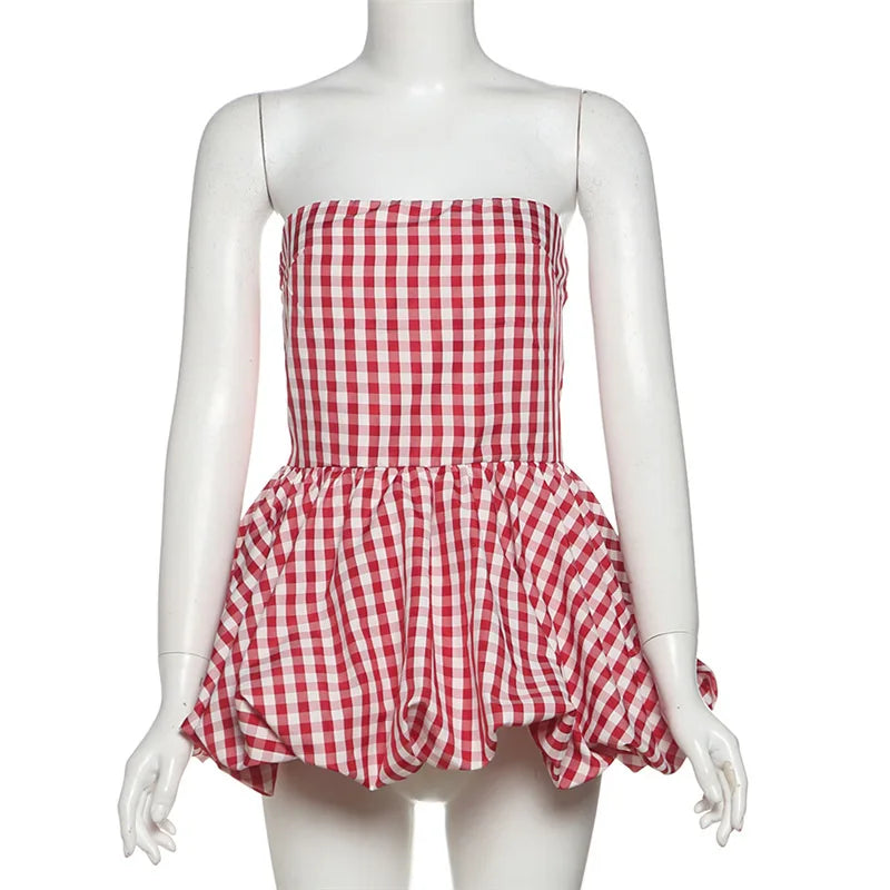 Spring Summer Plaid Tops for Women Streetwear Strapless Off Shoulder Backless Ruched Red T-shirt Girls Sleeveless Tees Top