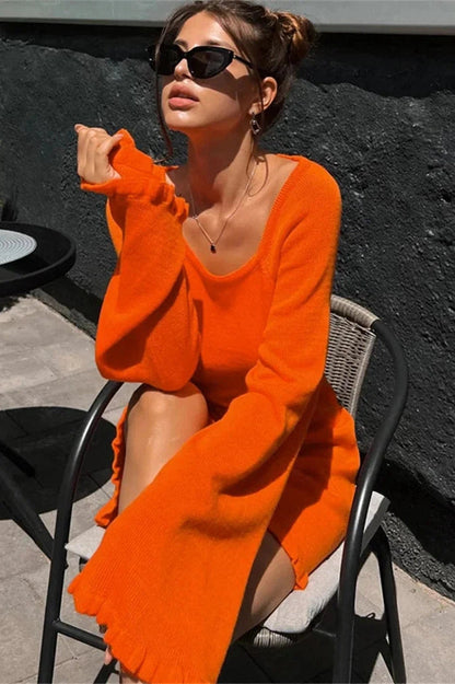 Lace-Up Long Sleeve Mini Dress with High Waist