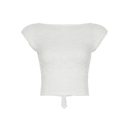 Y2K Lace Patchwork T Shirt French Backless Lace-Up Short Sleeve White Crop Tops FeSlim Bottoming Tees