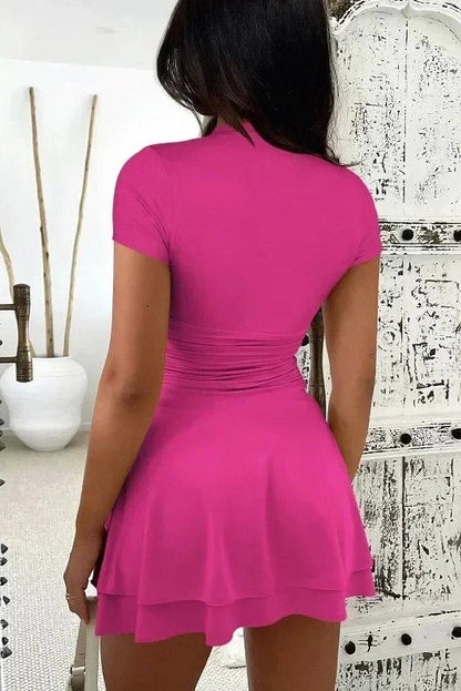 Pleated Short Sleeve Mini Dress