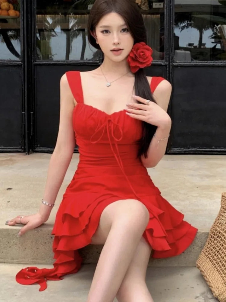 Summer New Holiday Beach Style Short Dresses for Women Spaghetti Strap Ruffles A-line Birthday Party Dress Korean Chic Vestidos