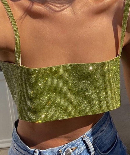 Glitter Club Crop Top Off Shoulder Tank Cami Clothing Super Short Party Night Shiny Bling Sleeveless Tube Tops Y2K