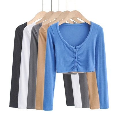 Sexy Women’s V-Neck Tank Tops T-Shirt Short Sleeve Solid Color Button Crop Top Clubwear Top Summer Slim Short T-Shirt For Womens