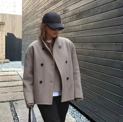 Elegant Wool Women's Coats Loose Casual Double Breasted Stand Collar Short Jacket 2024 Fall Winter Coat Female Commute Outerwear