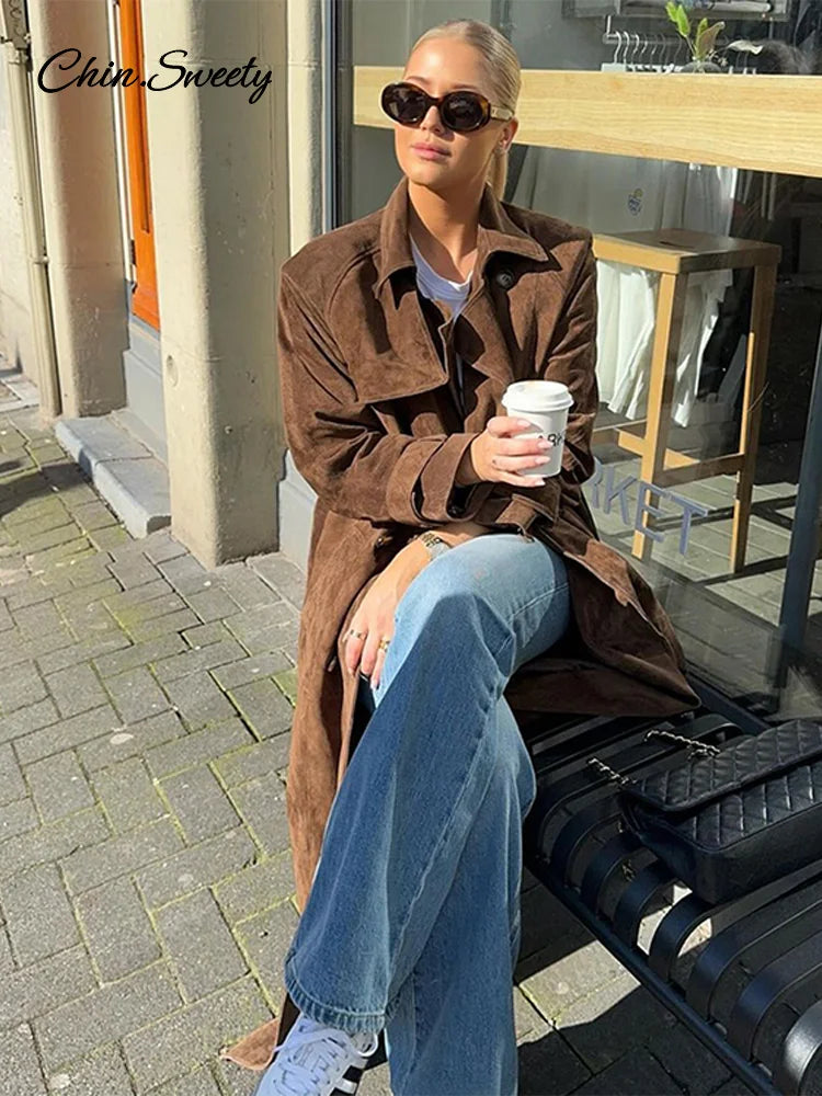 Elegant Suede Long Trench Coat Women Belt Double Breasted Full Sleeve Brown Windbreaker  Autumn Lady Street Outwears New